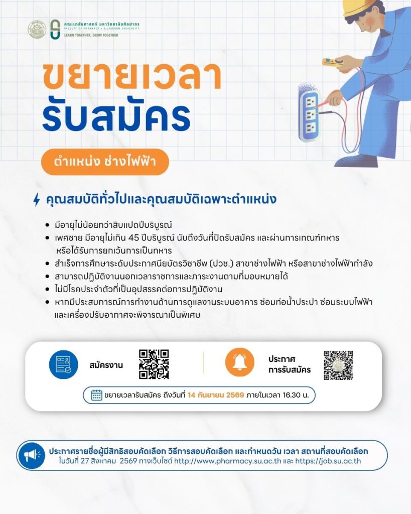 ขยายเวลารับสมัครพนักงานมหาวิทยาลัย ประเภท ลูกจ้างชั่วคราว ตำแหน่งช่างไฟฟ้า